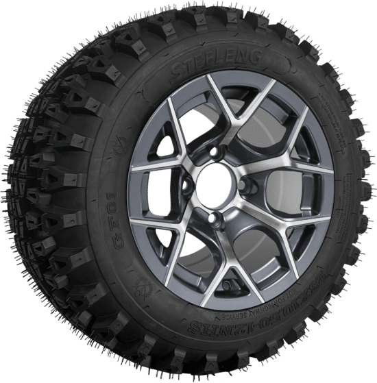 SGC 12" Rally Machined/Gunmetal Wheel - Aluminum Alloy / STEELENG 23"x10.5"-12" QH All Terrain Tire Tires Combo - Set of 4