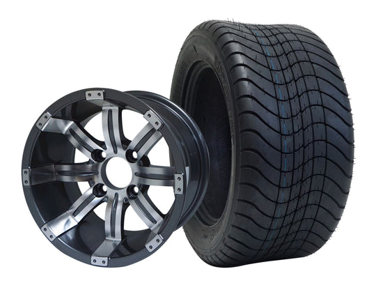 SGC 12" Tempest Machined Gunmetal Wheel - Aluminum Alloy / STEELENG 215/50-12 Comfort Ride Street Tire DOT Approved Tires Combo - Set of 4