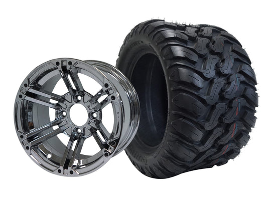 SGC 12" Terminator Chrome Wheel - Aluminum Alloy / STEELENG 22"x11"-12" Mud Terrain / All Terrain Tire DOT Approved Tires Combo - Set of 4