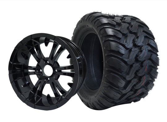 SGC 12" Vampire Glossy Black Wheel - Aluminum Alloy / STEELENG 22"x11"-12" Mud Terrain / All Terrain Tire DOT Approved Tires Combo - Set of 4