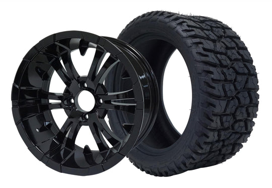 SGC 12" Vampire Glossy Black Wheel - Aluminum Alloy / STEELENG 215/40-12 GATOR Hybrid Low Profile / All Terrain Tire DOT Approved Tires Combo - Set of 4