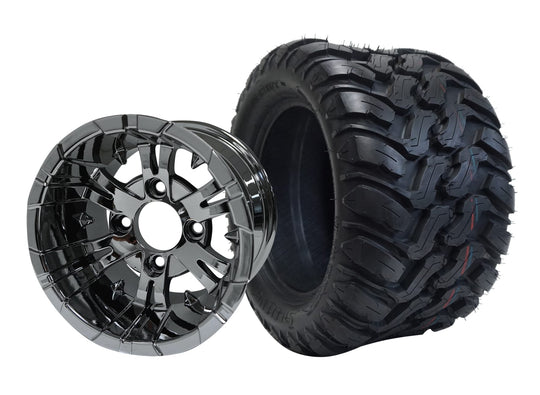 SGC 12" Vampire Chrome Wheel - Aluminum Alloy / STEELENG 22"x11"-12" Mud Terrain / All Terrain Tire DOT Approved Tires Combo - Set of 4