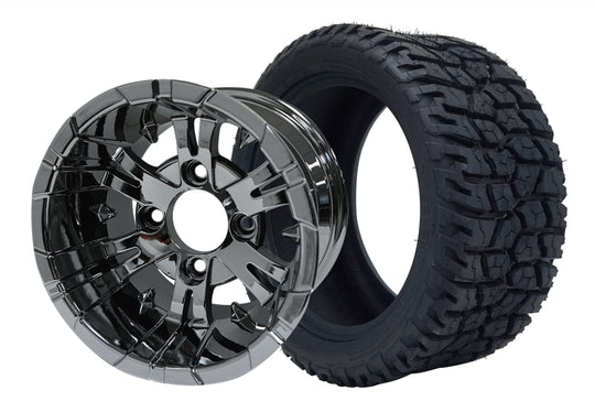 SGC 12" Vampire Chrome Wheel - Aluminum Alloy / STEELENG 215/40-12 GATOR Hybrid Low Profile / All Terrain Tire DOT Approved Tires Combo - Set of 4