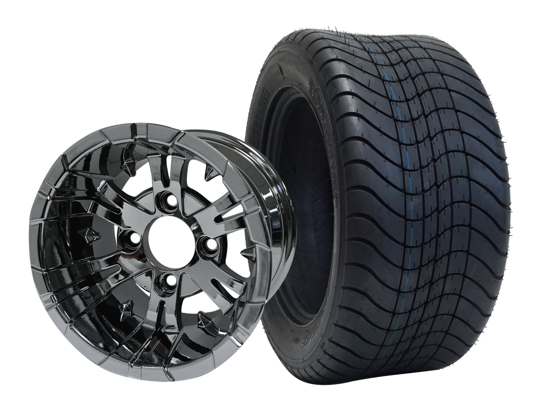 SGC 12" Vampire Chrome Wheel - Aluminum Alloy / STEELENG 215/50-12 Comfort Ride Street Tire DOT Approved Tires Combo - Set of 4