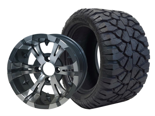 SGC 12" Vampire Machined/Gunmetal Wheel - Aluminum Alloy / STEELENG 22"x10.5"-12" STINGER All Terrain Tire DOT approved Tires Combo - Set of 4