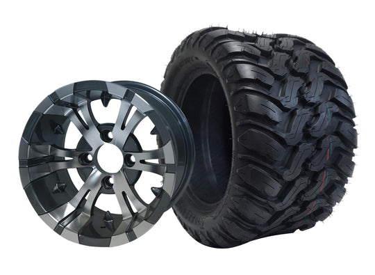 SGC 12" Vampire Machined/Gunmetal Wheel - Aluminum Alloy / STEELENG 22"x11"-12" Mud Terrain / All Terrain Tire DOT Approved Tires Combo - Set of 4