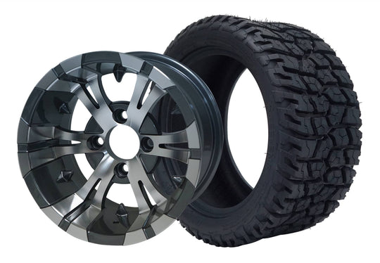 SGC 12" Vampire Machined/Gunmetal Wheel - Aluminum Alloy / STEELENG 215/40-12 GATOR Hybrid Low Profile / All Terrain Tire DOT Approved Tires Combo - Set of 4