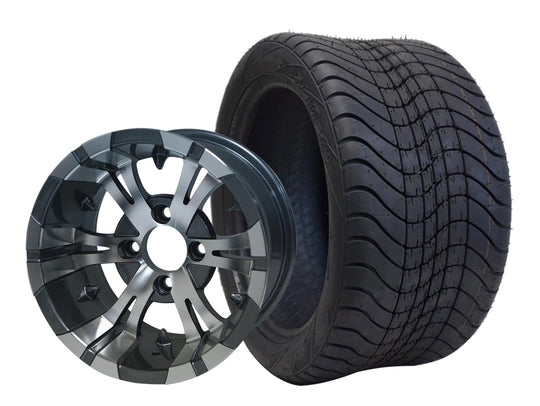 SGC 12" Vampire Machined/Gunmetal Wheel - Aluminum Alloy / STEELENG 215/40-12 Low Profile Tire DOT Approved Tires Combo - Set of 4