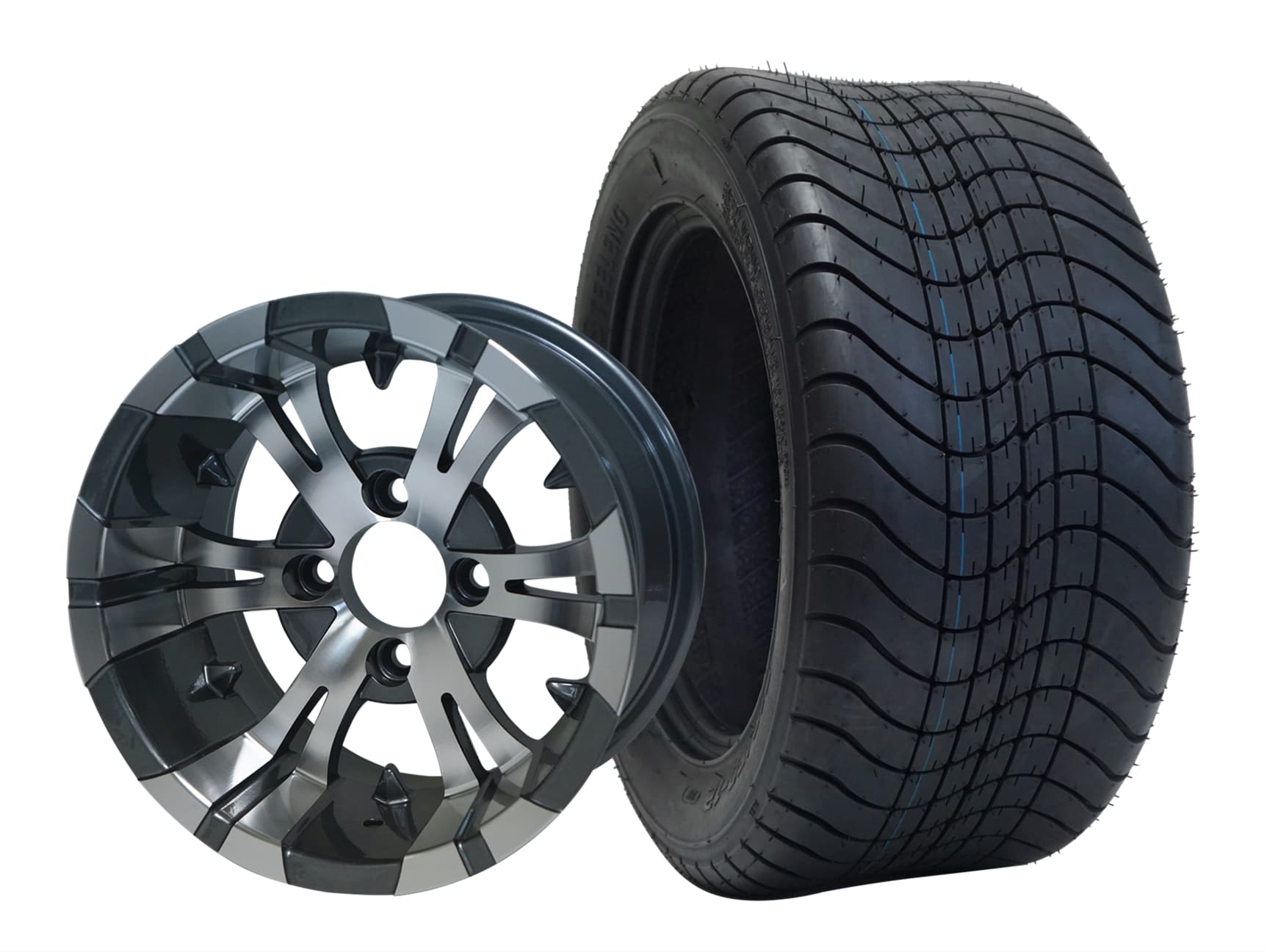 SGC 12" Vampire Machined/Gunmetal Wheel - Aluminum Alloy / STEELENG 215/50-12 Comfort Ride Street Tire DOT Approved Tires Combo - Set of 4