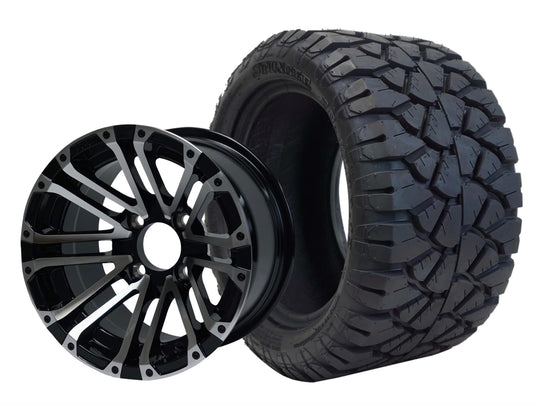 SGC 12" Lancer Machined/Black Wheel - Aluminum Alloy / STEELENG 22"x10.5"-12" STINGER All Terrain Tire DOT approved Tires Combo - Set of 4