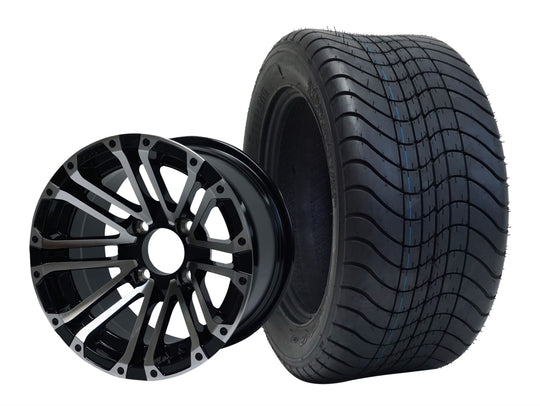 SGC 12" Lancer Machined/Black Wheel - Aluminum Alloy / STEELENG 215/50-12 Comfort Ride Street Tire DOT Approved Tires Combo - Set of 4