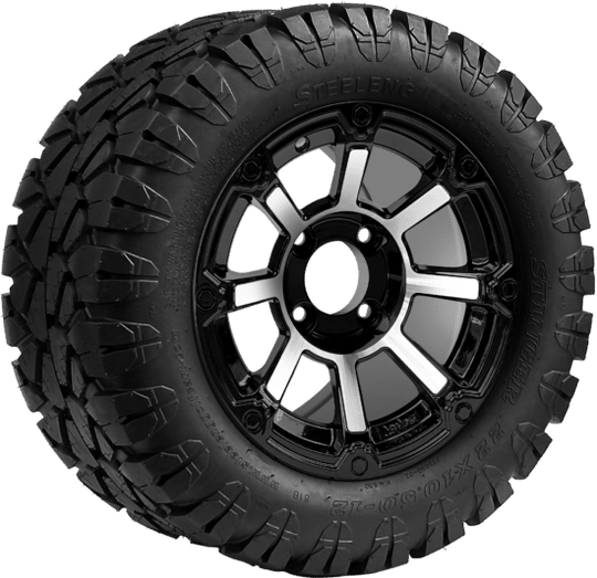 SGC 12 " Cyclops Machined/Black Wheel - Aluminum Alloy / STEELENG 22 "x10.5 "-12 " STINGER All Terrain Tire DOT approved Tires Combo - Set of 4