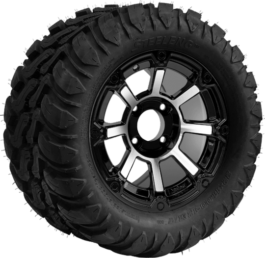 SGC 12 " Cyclops Machined/Black Wheel - Aluminum Alloy/ STEELENG 22 "x11 "-12 " Mud Terrain / All Terrain Tire DOT Approved Tires Combo - Set of 4