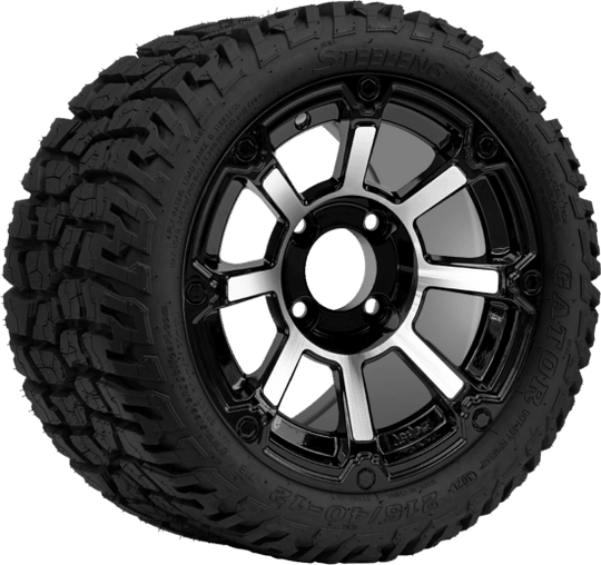 SGC 12 " Cyclops Machined/Black Wheel - Aluminum Alloy /STEELENG 215/40-12 Hybrid Low Profile / All Terrain Tire DOT Approved Tires Combo - Set of 4