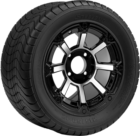 SGC 12 " Cyclops Machined/Black Wheel - Aluminum Alloy / STEELENG 215/50-12 Comfort Ride Street Tire DOT Approved Tires Combo - Set of 4