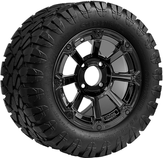 SGC 12 " Cyclops Glossy Black Wheel - Aluminum Alloy / STEELENG 22 "x10.5 "-12 " STINGER All Terrain Tire DOT approved Tires Combo - Set of 4
