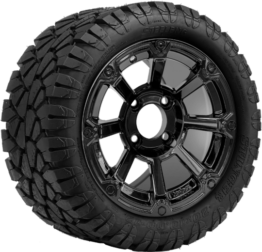 SGC 12 " Cyclops Glossy Black Wheel - Aluminum Alloy / STEELENG 20 "x10 "-12 " STINGER All Terrain Tire DOT approved  Tires Combo - Set of 4