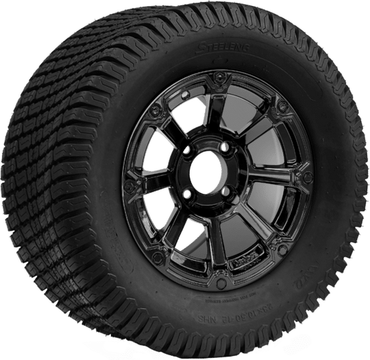 SGC 12 " Cyclops Glossy Black Wheel - Aluminum Alloy / STEELENG 23 "x10.5 "-12 " Turf Tire Tires Combo - Set of 4