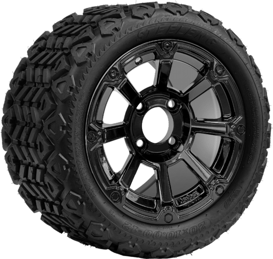 SGC 12 " Cyclops Glossy Black Wheel - Aluminum Alloy / STEELENG 20 "x10 "-12 " All Terrain Tire DOT approved Tires Combo - Set of 4