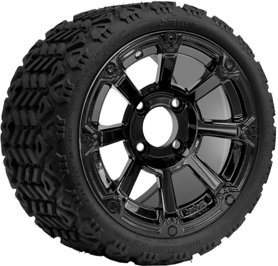 SGC 12 " Cyclops Glossy Black Wheel - Aluminum Alloy / STEELENG 18 "x8.5 "-12 " All-Terrain Tire DOT approved Tires Combo - Set of 4