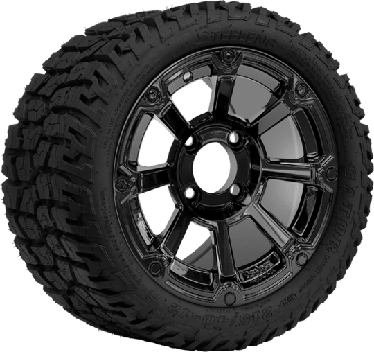SGC 12 " Cyclops Glossy Black Wheel - Aluminum Alloy / STEELENG 215/40-12 GATOR Hybrid Low Profile / All Terrain Tire DOT Approved Tires Combo - Set of 4