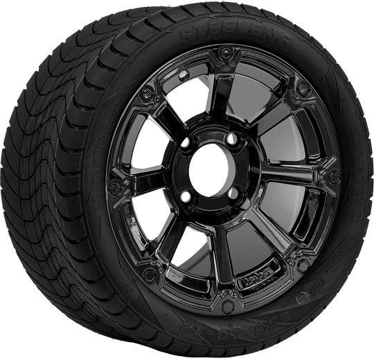 SGC 12 " Cyclops Glossy Black Wheel - Aluminum Alloy / STEELENG 215/40-12 Low Profile Tire DOT Approved Tires Combo - Set of 4