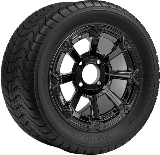 SGC 12 " Cyclops Glossy Black Wheel - Aluminum Alloy / STEELENG 215/50-12 Comfort Ride Street Tire DOT Approved Tires Combo - Set of 4