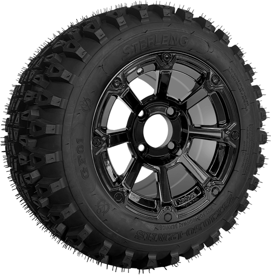 SGC 12 " Cyclops Glossy Black Wheel - Aluminum Alloy / STEELENG 23 "x10.5 "-12 " QH All Terrain Tire Tires Combo - Set of 4