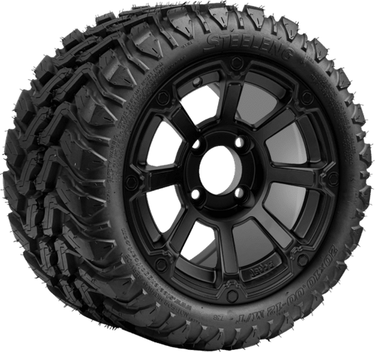 SGC 12 " Cyclops Matte Black Wheel - Aluminum Alloy / STEELENG 20 "x10 "-12 " Mud Terrain Tire Tires Combo - Set of 4