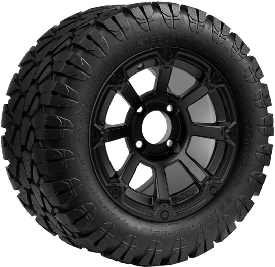 SGC 12 " Cyclops Matte Black Wheel - Aluminum Alloy / STEELENG 22 "x10.5 "-12 " STINGER All Terrain Tire DOT approved Tires Combo - Set of 4