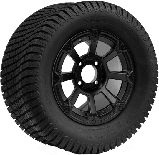 SGC 12 " Cyclops Matte Black Wheel - Aluminum Alloy / STEELENG 23 "x10.5 "-12 " Turf Tire Tires Combo - Set of 4