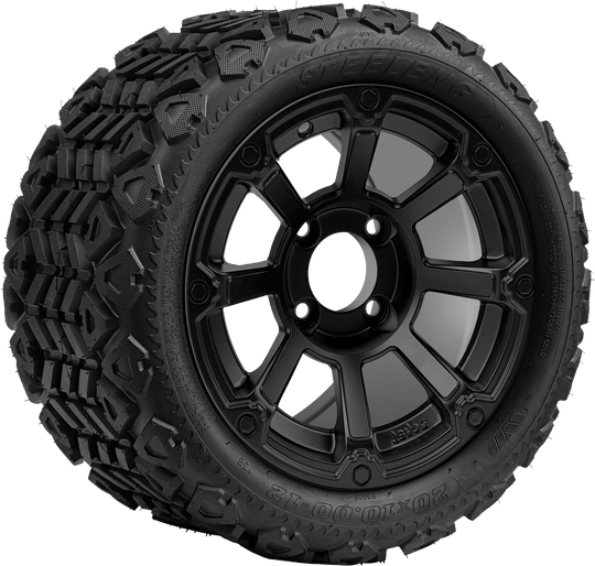 SGC 12 " Cyclops Matte Black Wheel - Aluminum Alloy / STEELENG 20 "x10 "-12 " All Terrain Tire DOT approved Tires Combo - Set of 4