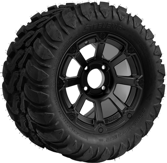 SGC 12 " Cyclops Matte Black Wheel - Aluminum Alloy / STEELENG 22 "x11 "-12 " Mud Terrain / All Terrain Tire DOT Approved Tires Combo - Set of 4