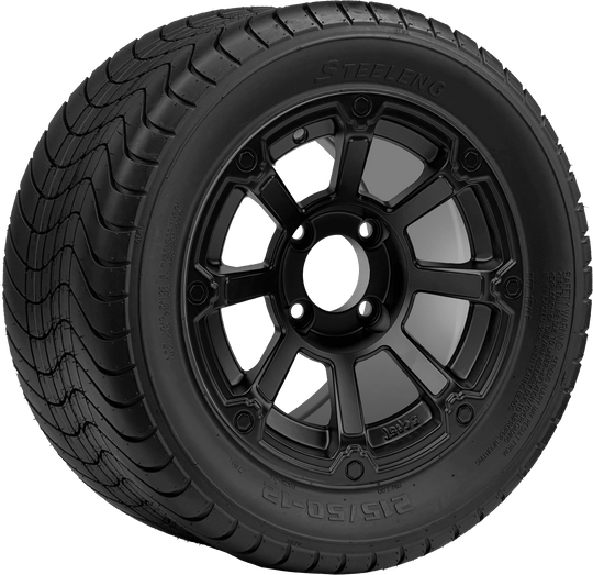 SGC 12 " Cyclops Matte Black Wheel - Aluminum Alloy / STEELENG 215/50-12 Comfort Ride Street Tire DOT Approved Tires Combo - Set of 4
