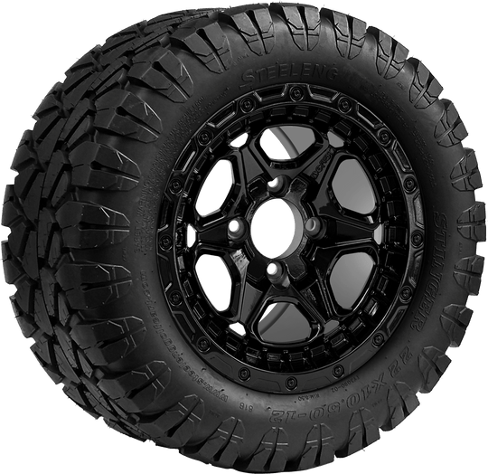 SGC 12 " Mantis Glossy Black Wheel - Aluminum Alloy / STEELENG 22 "x10.5 "-12 " STINGER All Terrain Tire DOT approved Tires Combo - Set of 4
