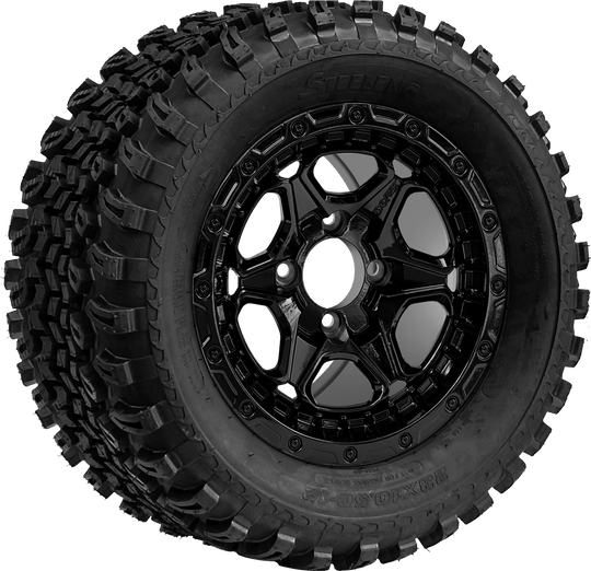 SGC 12 " Grizzly Glossy Black Wheel - Aluminum Alloy / STEELENG 23 "x10.5 "-12 " All Terrain Tire Tires Combo - Set of 4