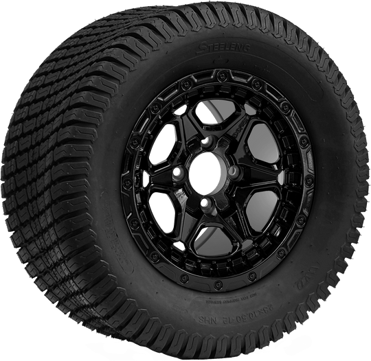 SGC 12 " Grizzly Glossy Black Wheel - Aluminum Alloy / STEELENG 23 "x10.5 "-12 " Turf Tire Tires Combo - Set of 4