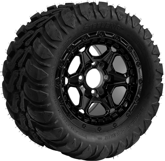 SGC 12 " Grizzly Glossy Black Wheel - Aluminum Alloy / STEELENG 22 "x11 "-12 " Mud Terrain / All Terrain Tire DOT Approved Tires Combo - Set of 4
