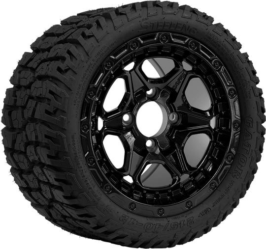 SGC 12 " Grizzly Glossy Black Wheel - Aluminum Alloy / STEELENG 215/40-12 GATOR Hybrid Low Profile / All Terrain Tire DOT Approved Tires Combo - Set of 4
