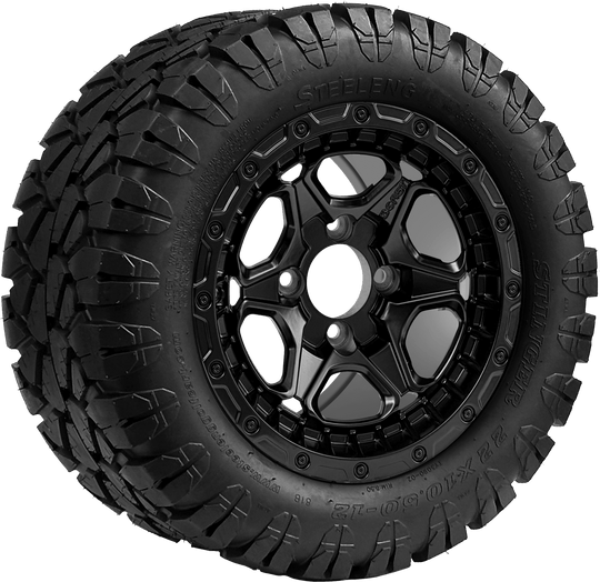 SGC 12 " Grizzly Matte Black Wheel - Aluminum Alloy / STEELENG 22 "x10.5 "-12 " STINGER All Terrain Tire DOT approved Tires Combo - Set of 4