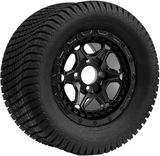 SGC 12 " Grizzly Matte Black Wheel - Aluminum Alloy / STEELENG 23 "x10.5 "-12 " Turf Tire Tires Combo - Set of 4