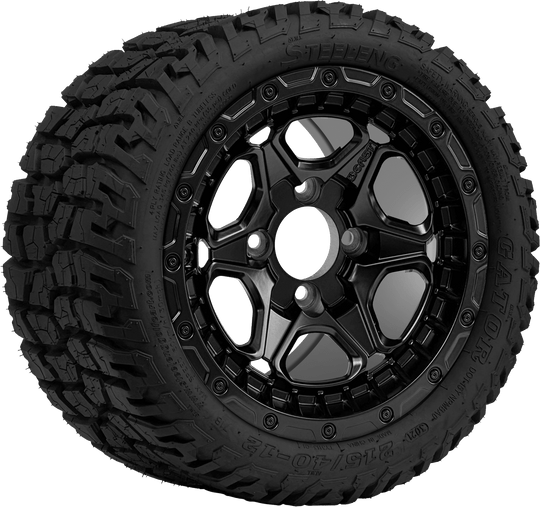 SGC 12 " Grizzly Matte Black Wheel - Aluminum Alloy /STEELENG 215/40-12 Hybrid Low Profile / All Terrain Tire DOT Approved Tires Combo - Set of 4