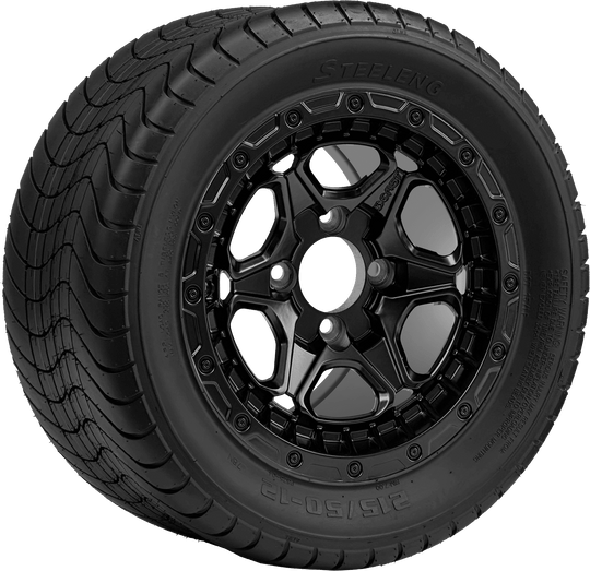 GC 12 " Grizzly Matte Black Wheel - Aluminum Alloy / STEELENG 215/50-12 Comfort Ride Street Tire DOT Approved Tires Combo - Set of 4
