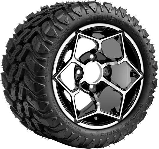 SGC 12 " Hammerhead Machined/Black Wheel - Aluminum Alloy / STEELENG 20 "x10 "-12 " Mud Terrain Tire Tires Combo - Set of 4