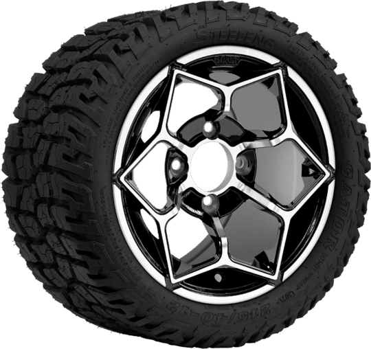 SGC 12 " Hammerhead Machined/Black Wheel - Aluminum Alloy /STEELENG 215/40-12 Hybrid Low Profile / All Terrain Tire DOT Approved Tires Combo - Set of 4