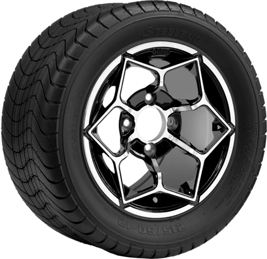 SGC 12 " Hammerhead Machined/Black Wheel - Aluminum Alloy / STEELENG 215/50-12 Comfort Ride Street Tire DOT Approved Tires Combo - Set of 4