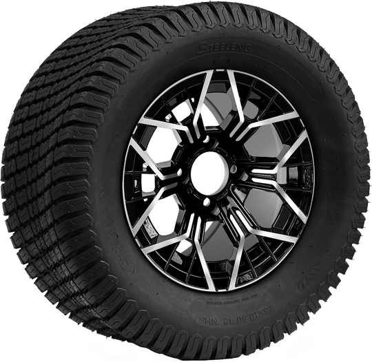 SGC 12 " Mantis Machined/Black Wheel - Aluminum Alloy / STEELENG 23 "x10.5 "-12 " Turf Tire Tires Combo - Set of 4