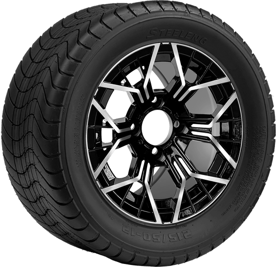 SGC 12 " Mantis Machined/Black Wheel - Aluminum Alloy / STEELENG 215/50-12 Comfort Ride Street Tire DOT Approved Tires Combo - Set of 4