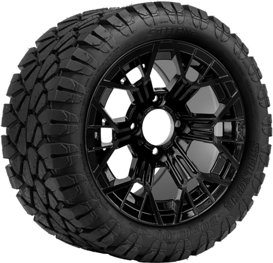 SGC 12 " Mantis Glossy Black Wheel - Aluminum Alloy / STEELENG 20 "x10 "-12 " STINGER All Terrain Tire DOT approved  Tires Combo - Set of 4