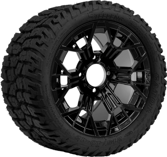 SGC 12 " Mantis Glossy Black Wheel - Aluminum Alloy / STEELENG 215/40-12 GATOR Hybrid Low Profile / All Terrain Tire DOT Approved Tires Combo - Set of 4